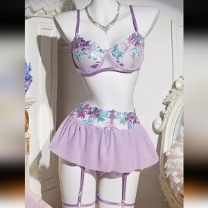 3pc Lavender & Teal Floral Embroidered Mesh Lingerie W/Skirted Garter Belt (M)